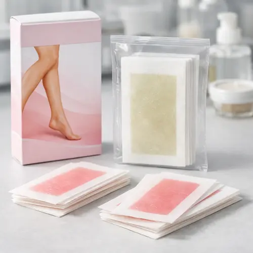 Paired body wax strips and private label retail packaging arranged for a product count review