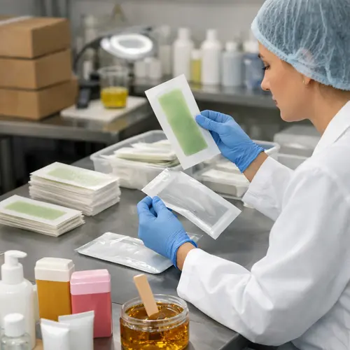 Technician inspecting wax strip coating, release liner separation, and pouch seal quality