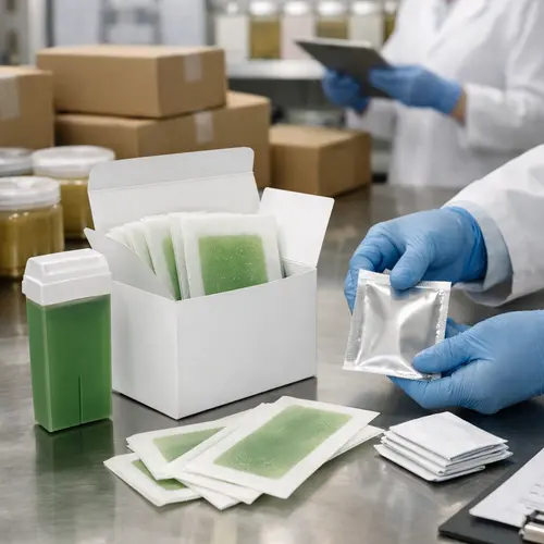 Hair removal kit packaging undergoing wax strip, roll-on cartridge, and aftercare compatibility review
