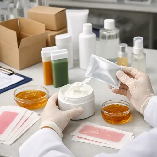 Depilatory cream and wax strip samples being reviewed for texture and packaging compatibility