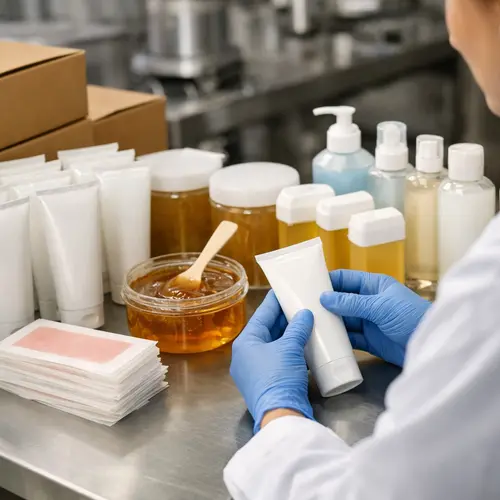 Technician reviewing depilatory cream tubes, wax containers, and aftercare packaging during a hair removal product quality inspection
