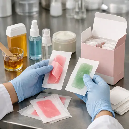 OEM operator reviewing wax strip texture and pouch compatibility during a private-label hair-removal sample check