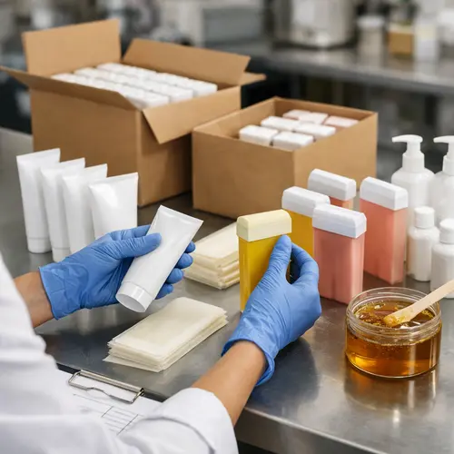 Quality inspector checking depilatory cream packaging and roll-on wax cartridge leakage for private-label production