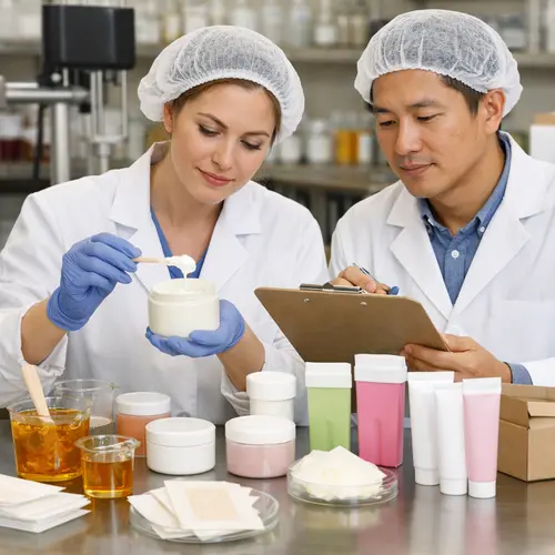Depilatory cream sample review and packaging compatibility check in a cosmetic laboratory