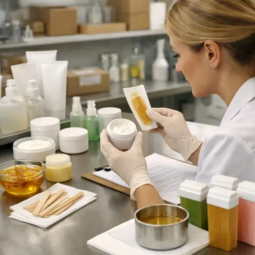 Private-label buyer reviewing depilatory cream, wax, strips, and roll-on cartridge samples in a hair-removal product laboratory