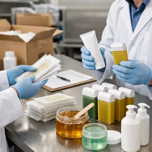 Quality-control inspection of wax strip packaging, depilatory cream tube, and roll-on wax cartridges after shipment testing