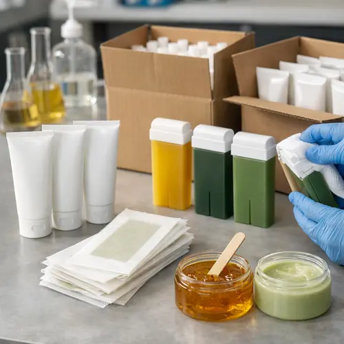 Depilatory cream tubes wax strip sachets and roll-on cartridges during packaging compatibility testing