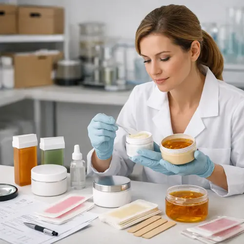 Facial depilatory cream and wax sample review with final-intent packaging in a product development laboratory