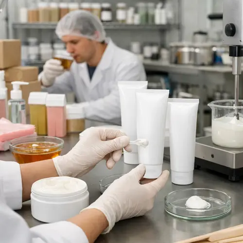 Depilatory cream sample review and packaging compatibility check in a cosmetic laboratory