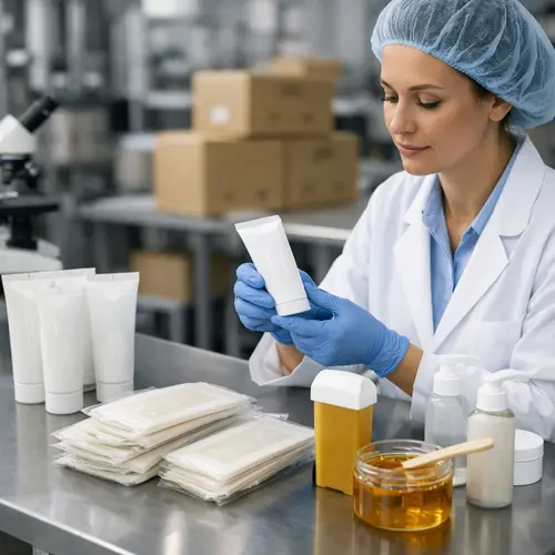 Quality inspection of depilatory cream tubes, wax strip packaging, and roll-on wax cartridge samples