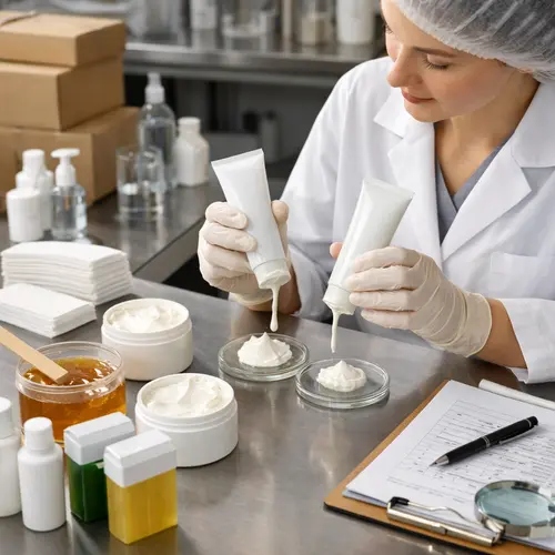 Technician reviewing depilatory cream samples and formula texture in a cosmetic laboratory