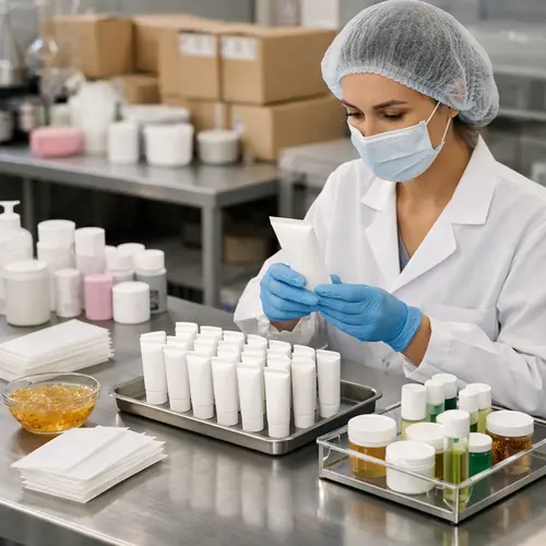 Technician reviewing depilatory cream samples, wax strips, roll-on cartridge, and packaging compatibility in a hair removal product laboratory