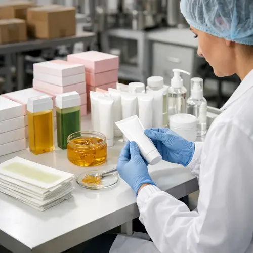 OEM technician reviewing depilatory cream tubes and wax strip packaging samples