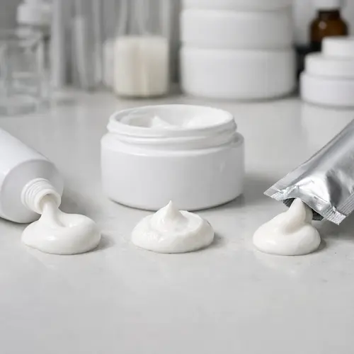 Private-label depilatory cream packaging samples in tube jar and sachet formats during product review