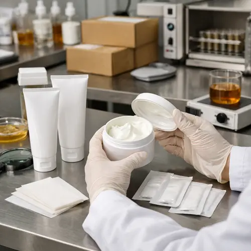 Depilatory cream packaging compatibility and storage inspection in a cosmetic laboratory
