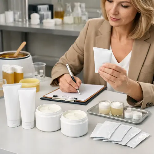 Private-label buyer reviewing depilatory cream packaging samples and filled product containers
