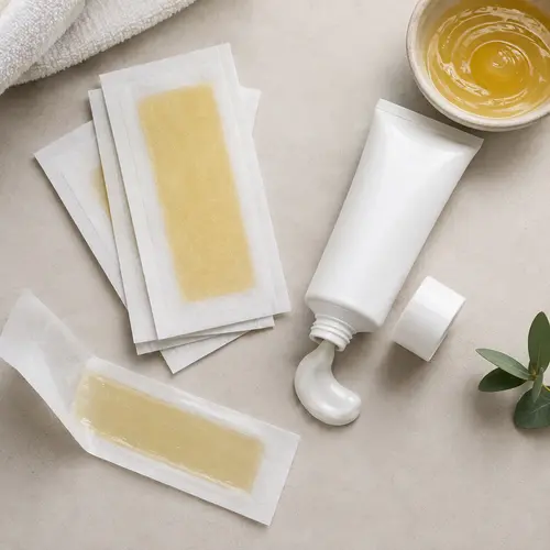 Wax strip packaging and depilatory cream tube compared on a product review table