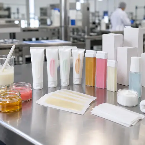Depilatory cream sample review with wax strips and production packaging