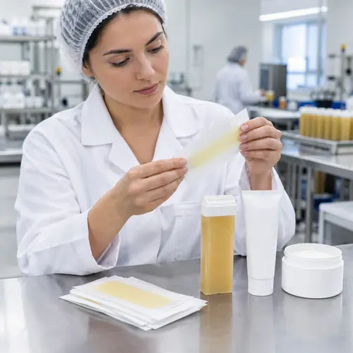 QC inspection of wax strips, roll-on wax cartridge, and depilatory cream packaging