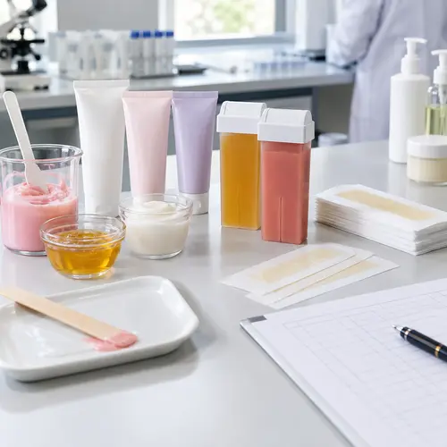 Depilatory cream samples and wax packaging prepared for OEM review