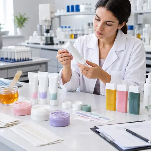 Depilatory cream sample review with tubes, labels, and packaging components