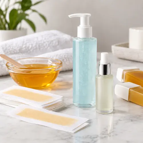 Wax strips with soothing aftercare gel and hair inhibitor serum packaging