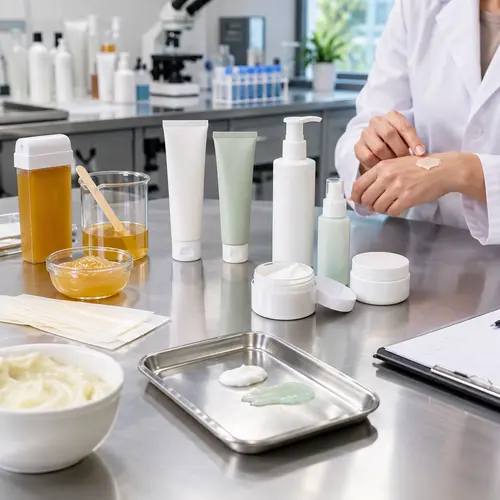 Depilatory cream sample review with aftercare packaging in a cosmetic laboratory