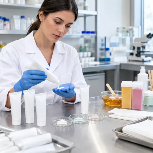 Depilatory cream sample review and tube dispensing check in a hair-removal laboratory