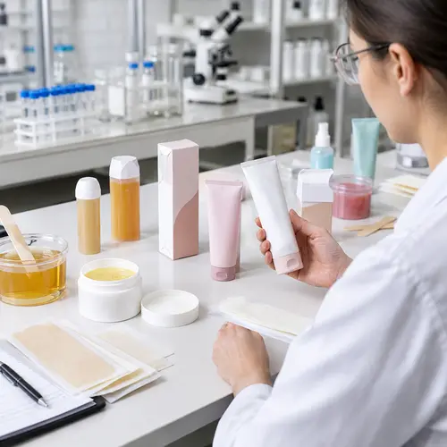 Depilatory cream sample review with filled packaging components in a hair-removal product lab