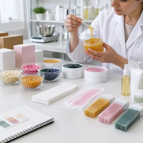 professional waxing product sample review with hard wax beans soft wax containers and wax strips