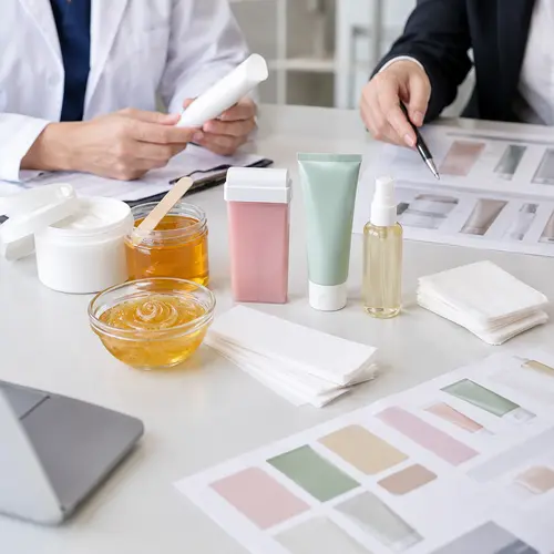 hair removal product labeling review with depilatory cream wax strips roll-on cartridge and aftercare packaging samples