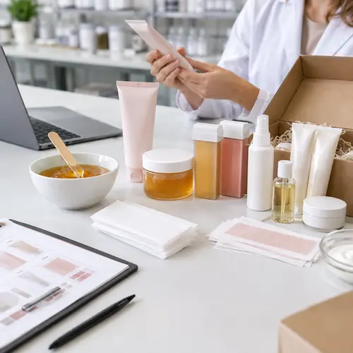 Hair removal product bundle assortment review with depilatory cream wax strips sugar wax and aftercare packaging