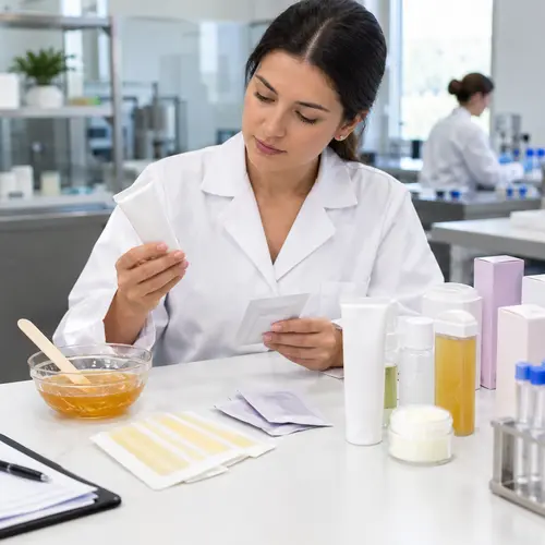 Quality review of depilatory cream, wax strip sachets, and aftercare packaging in a hair removal product laboratory
