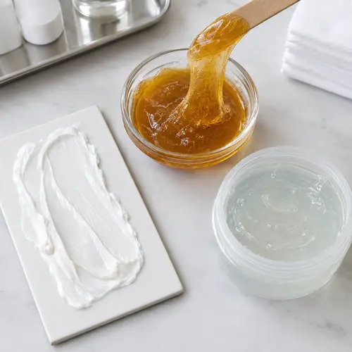 Depilatory cream, sugar wax, and aftercare gel texture samples under review