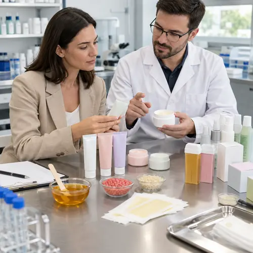 Buyer reviewing depilatory cream sample texture and packaging compatibility in a product laboratory