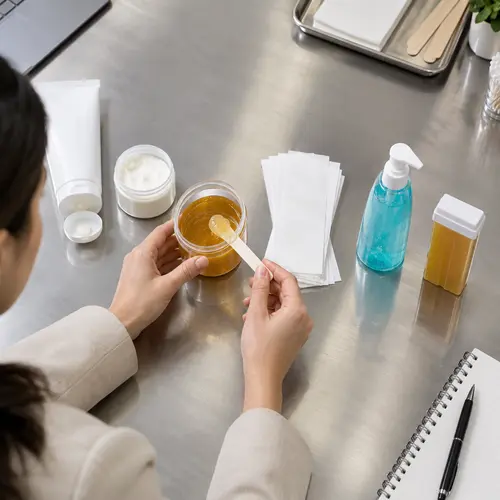 Salon buyer reviewing depilatory cream, sugar wax, wax strips, and aftercare samples
