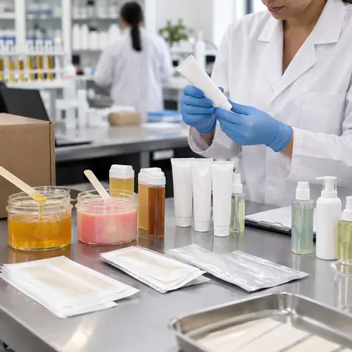 Hair removal product QC inspection with cream tubes, wax strips, and aftercare packaging