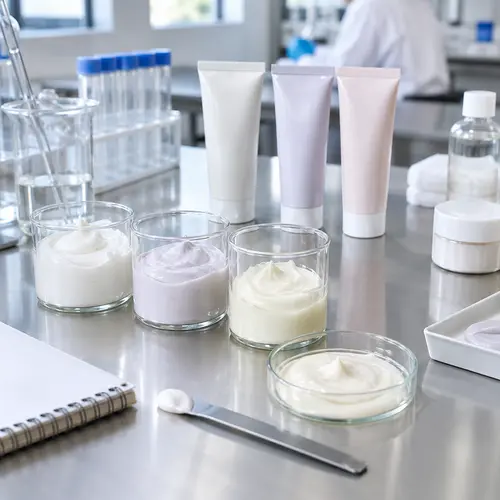 Facial depilatory cream samples undergoing texture review in a cosmetic lab