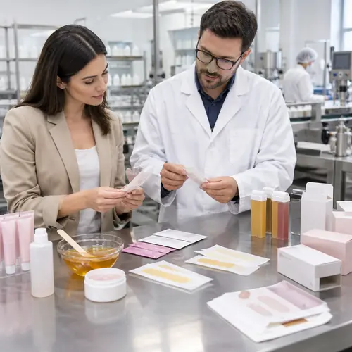 Buyer reviewing depilatory cream sachet samples and wax strip packaging during OEM product approval