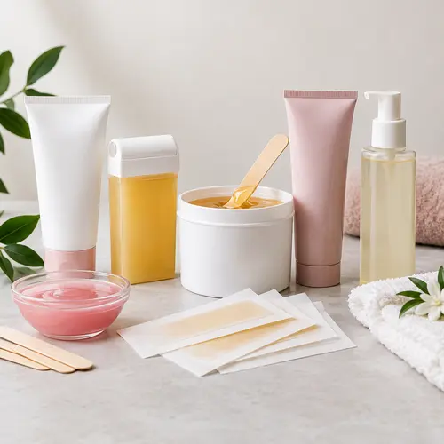 Private label bikini hair removal cream, wax strips, sugar wax, and aftercare packaging