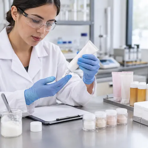 Depilatory cream sample texture and packaging compatibility review in a cosmetics lab
