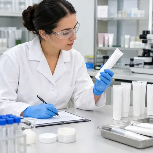 Depilatory cream sample and tube packaging review in a cosmetics laboratory