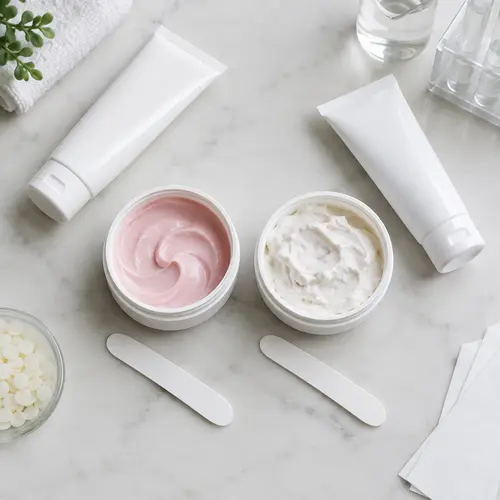 Sensitive and standard depilatory cream samples reviewed for texture and spread