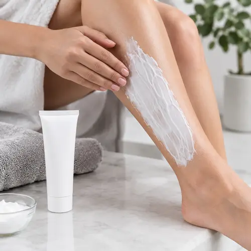 Depilatory cream sample review on an approved leg application area