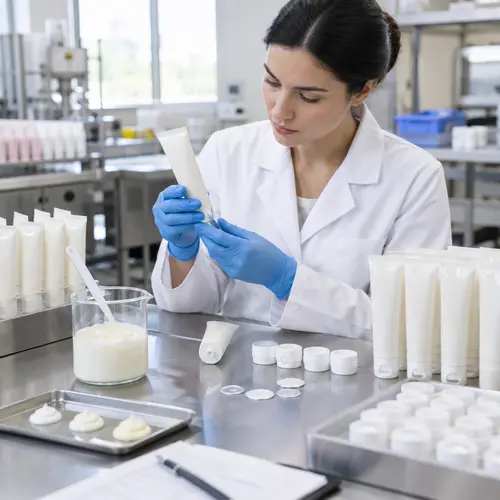 Technician reviewing depilatory cream samples and filled tube packaging