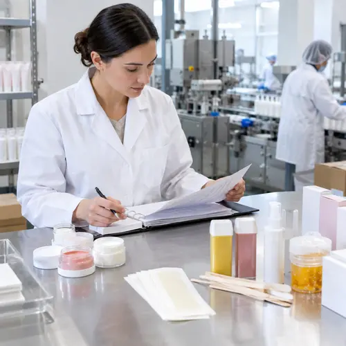 quality auditor reviewing depilatory cream batch records and sealed samples