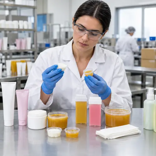 Depilatory cream and wax sample review with hair-removal packaging in a laboratory