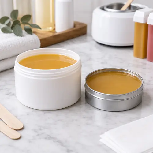 Plastic wax jar and metal tin filled with private label hard wax