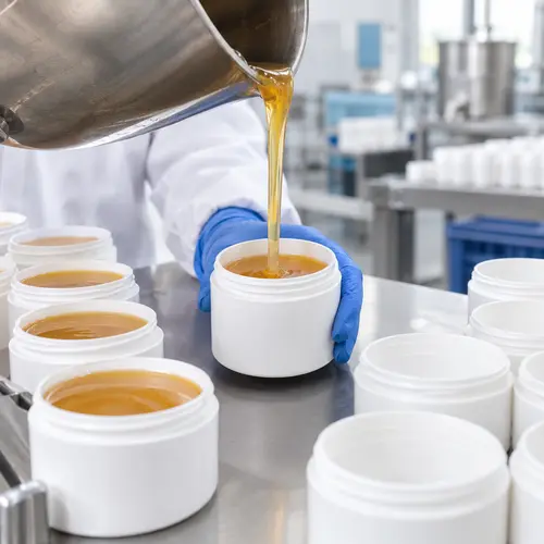 Hot hair removal wax filling into plastic jars during production