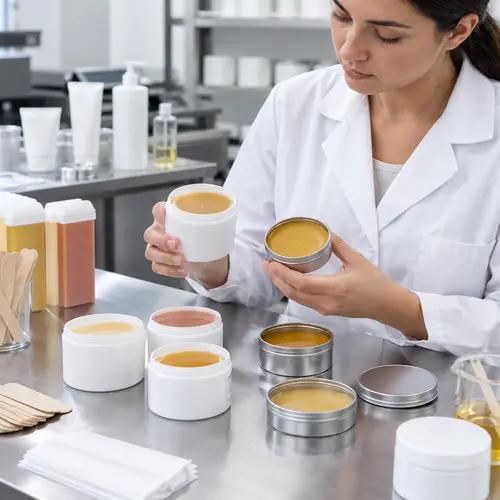 Technician comparing wax texture in plastic jars and metal tins during OEM sample review